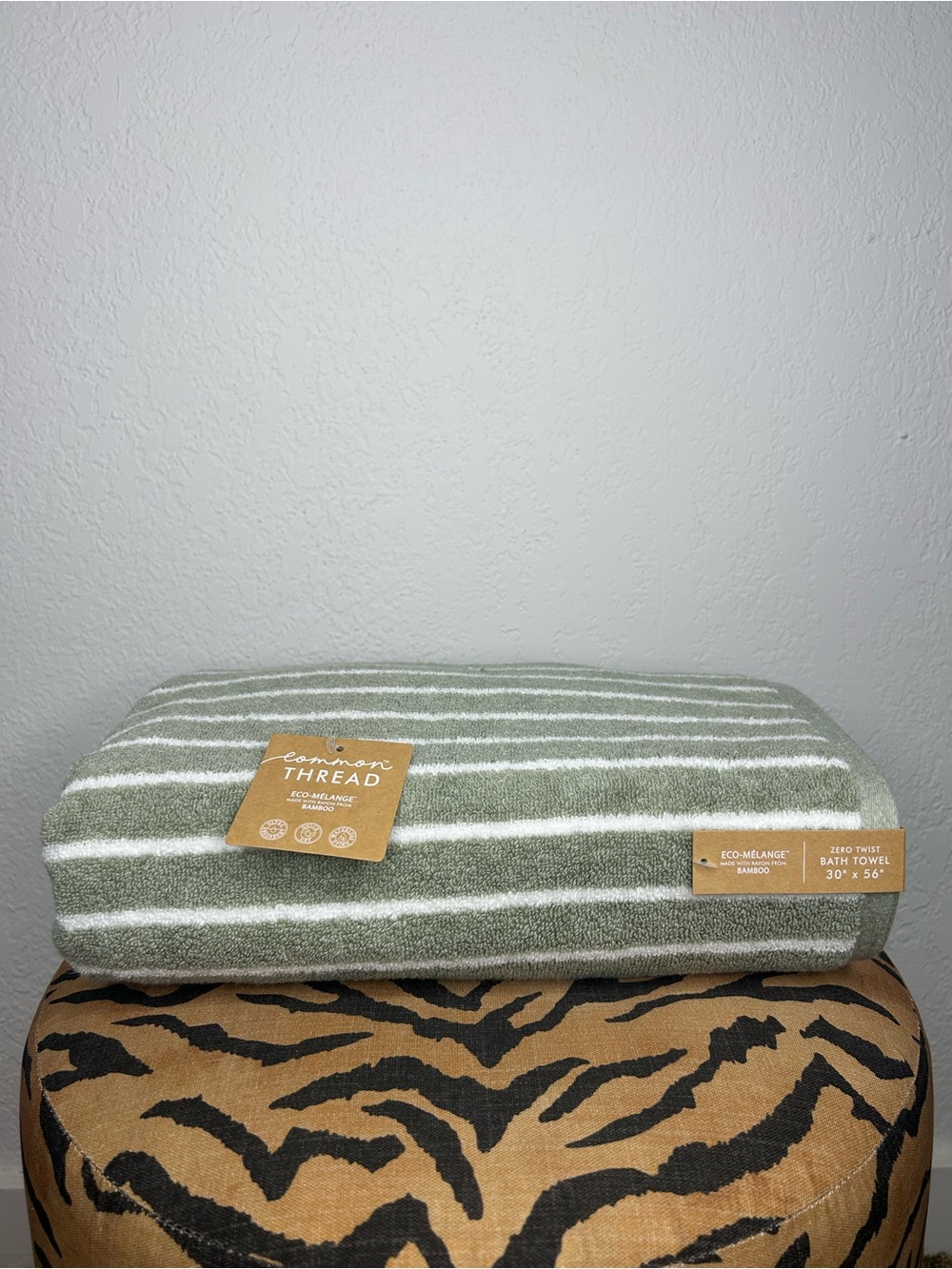 NEW Common Thread Eco-Melange Bamboo Zero Twist Green & White Striped Bath Towel